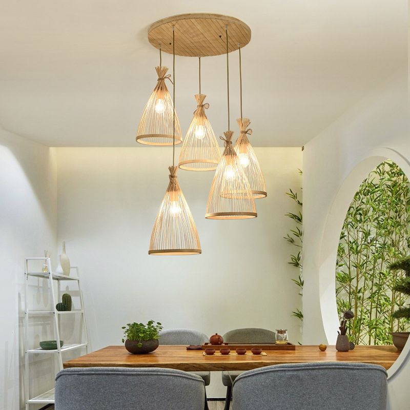 Chinese Conical Pendant Lighting Fixtures Rattan Hanging Light with Hanging Cord for Restaurant