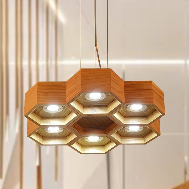 Lumière de lustre en bois en nid d'abeille contemporain 6 têtes beige pendante suspendue