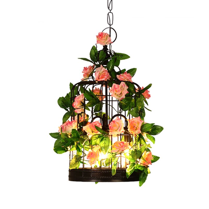 3-Head Birdcage Ceiling Chandelier Loft Black Iron Suspension Pendant Light with Rose and Leaf