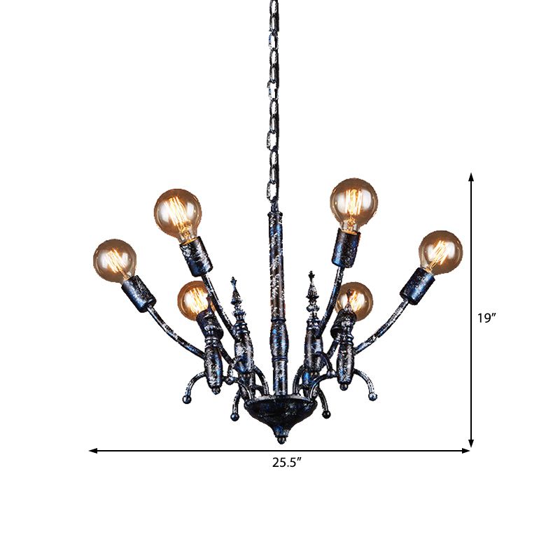 Black 6 Lights Chandelier Light Fixture Vintage Metal Exposed Bulb Pendant Lamp with Sputnik Shade