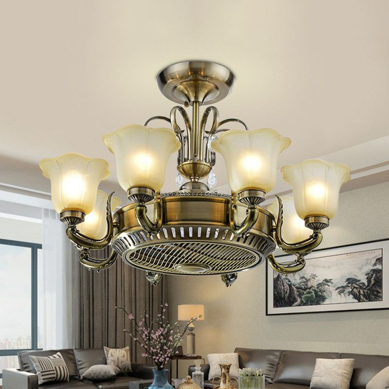 34" Wide Vintage Floral Pendant Fan Lamp Frosted Glass 3-Blade Semi-Flush Ceiling Light in Light Gold