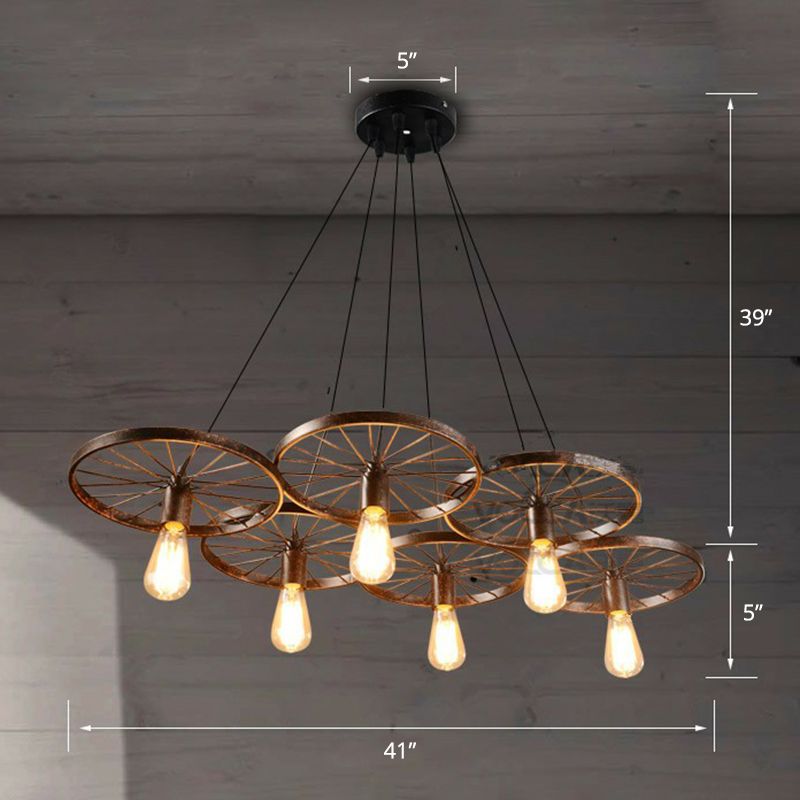 Wheel Ceiling Pendant Light Industrial Style Rust Metal Chandelier for Living Room