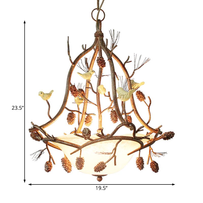 3 Lights Frosted Glass Hanging Chandelier Country Brown Bowl Dining Room Pendant Light Fixture with Bird and Pinecone