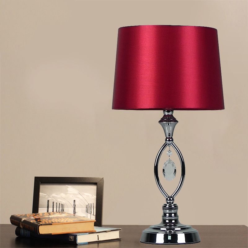 Fabric Barrel Shade Nightstand Lamp Modern Style 1 Head White/Red/Black and White Desk Light with Crystal Drop