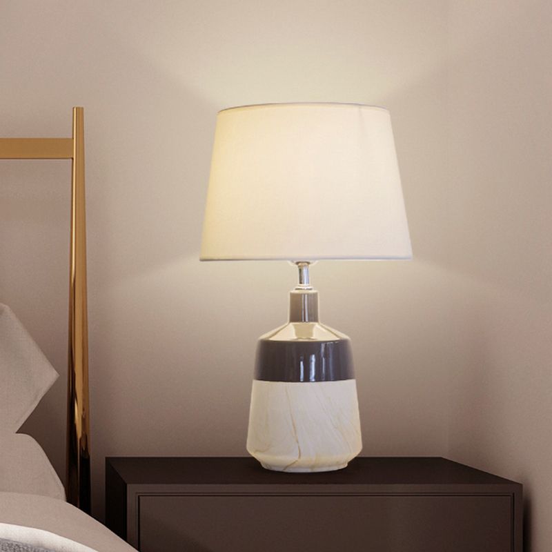 Fabric Drum Table Lighting Contemporary 1-Head Night Lamp in White for Bedside with Ceramic Base