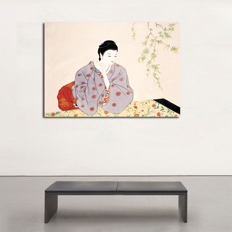 Geisha Girl Painting Canvas Art in Red Japanese Style Wall Decor for Sitting Room