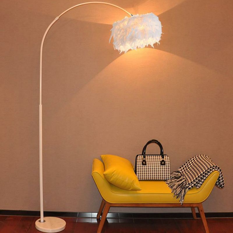 Feather Drum Stand Up Lamp Simplicity 1 Bulb Floor Lighting with Arc Arm for Living Room