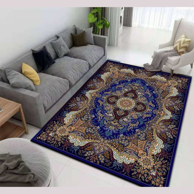 Blue Vintage Rug Polyester Medallion Carpet Non-Split Area Rug for Living Room