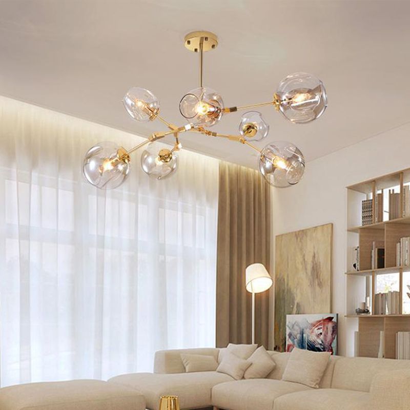 Simplicity Cup Shade Drop Pendant Clear Dimpled Glass 7-Bulb Dining Room Pendant Chandelier in Gold