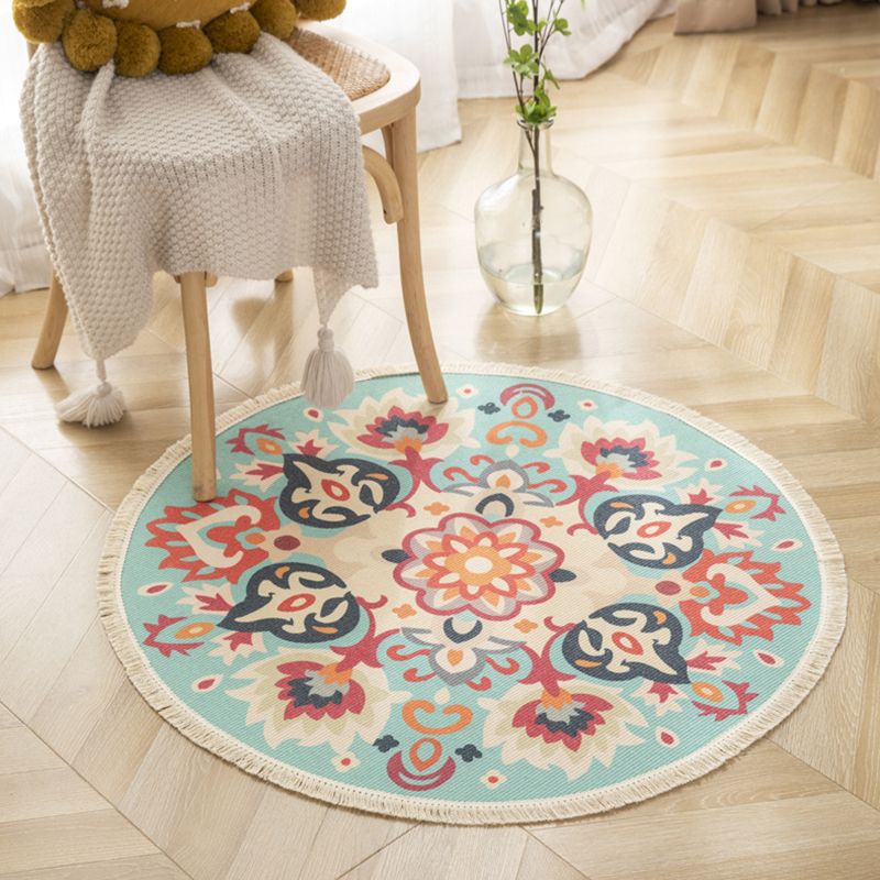 Distinctive Moroccan Round Rug Victoria Floral Printed Area Rug with Fringe Cotton Blend Washable Carpet for Home Decor