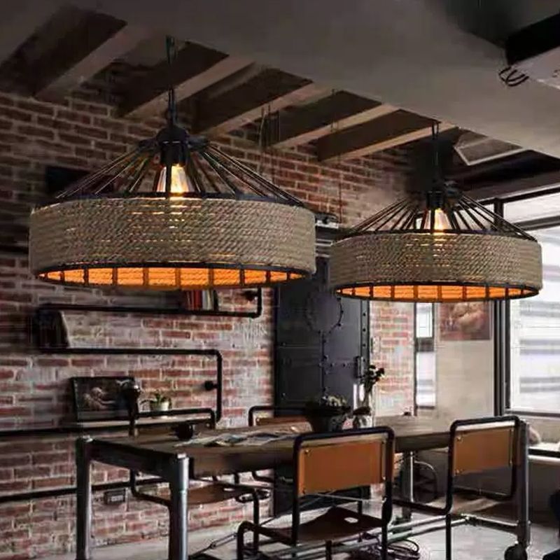 1 Light Pendant Light Kit Industrial Dining Room Rope Hanging Lamp with Barn Metal Shade in Black