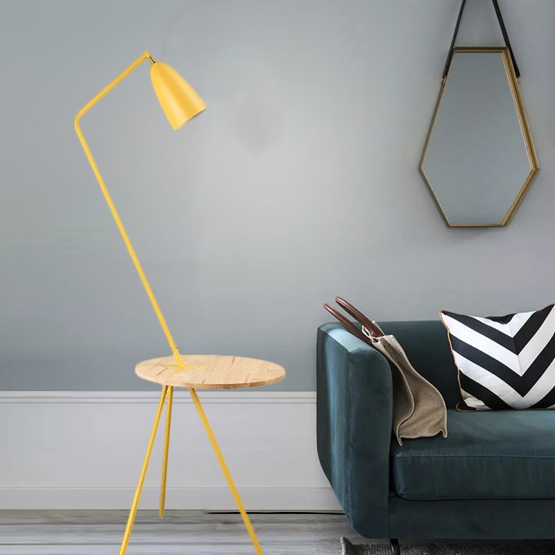 Metal Elongated Floor Reading Light Simple 1 Bulb Black/Pink/Yellow Tripod Floor Standing Lighting with Shelf for Living Room