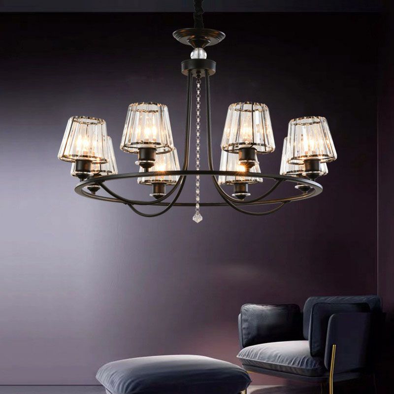 Postmodern Circle Chandelier Lighting Metal Living Room Ceiling Light with Tapered Crystal Shade