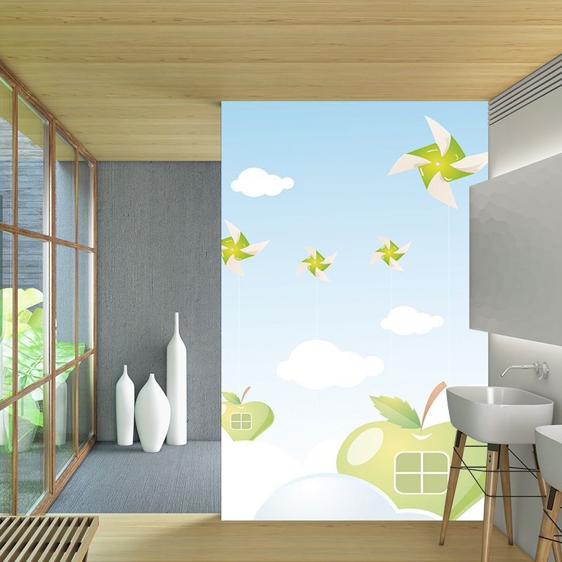 Cartoon Sky Apple House Murals for Kids Bedroom Full-Size Wall Decor in Blue-Green