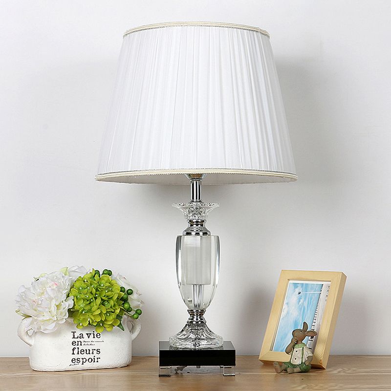 White 1 Light Night Light Traditional Style Fabric Tapered Nightstand Lamp with Crystal Base