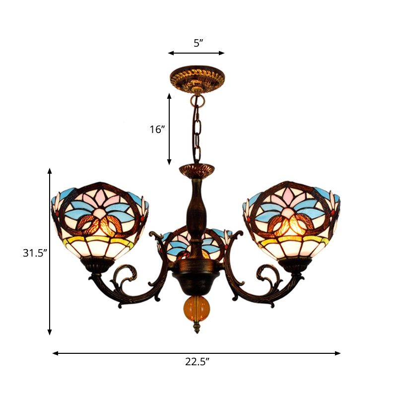 Lodge Bowl-Shaped Chandelier Stained Glass 3 Lights Decorative Inverted Chandelier with Crystal in Multicolor