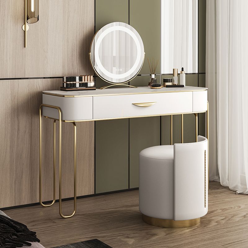 Stone and Metal with Leather Accent Vanity Table in Beige Makeup Desk