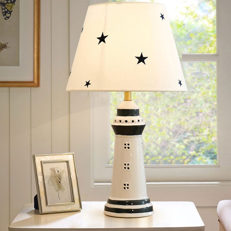 Conical Fabric Table Lamp Nordic 1 Bulb White Reading Book Light with Lighthouse Resin Base