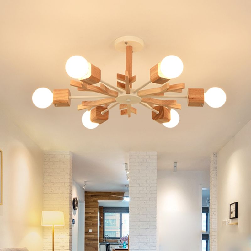 Nordic Starburst Semi Flush Light Wood 3/6 Heads Living Room Ceiling Mount Chandelier with Exposed Bulb Design