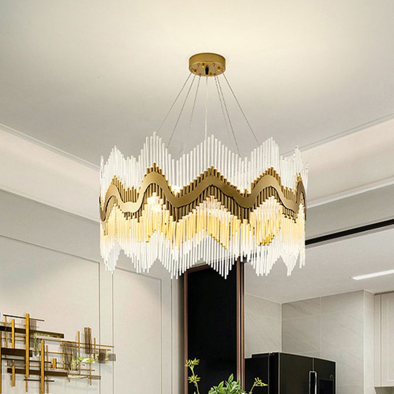 Ruffle Edge Crystal Chandelier Postmodern 8-Head Living Room Suspension Light in Brass