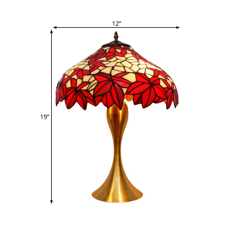 Traditional Leaf-Edge Bowl Desk Lamp 1 Bulb Handcrafted Stained Glass Night Light with Pull Chains in Red