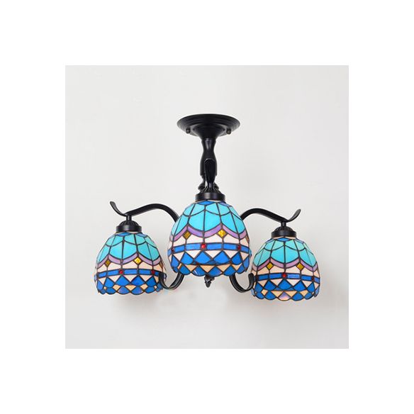 3/5 Lights Semi Flushmount with Shade Tiffany Style Stained Glass Semi Flush Lamp in Red/Blue/Green/Blue-White for Stairway