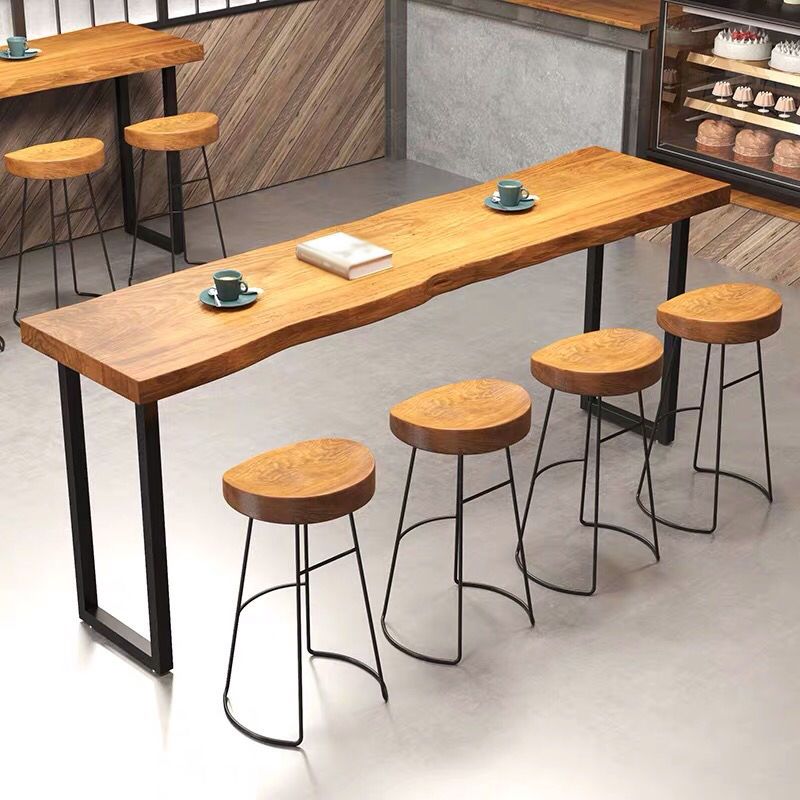 Light Brown Solid Wood Top Bar Table with Black Sled Modern Pub Table for Small Places