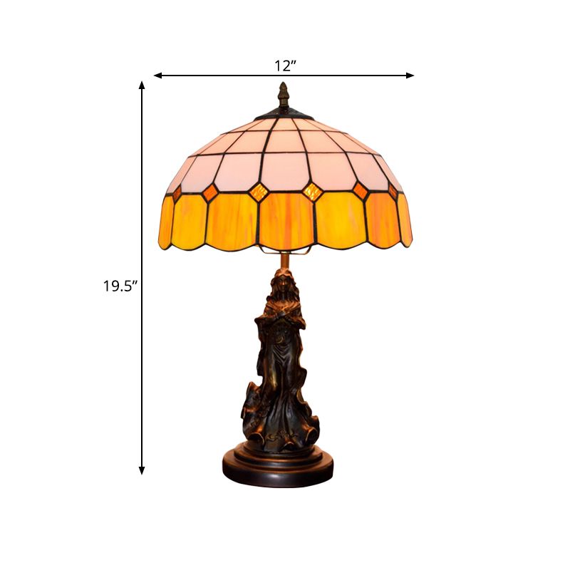 Resin Bronze Night Stand Light Angel Girl 1 Head Vintage Table Lamp with Orange and White Grid Glass Shade