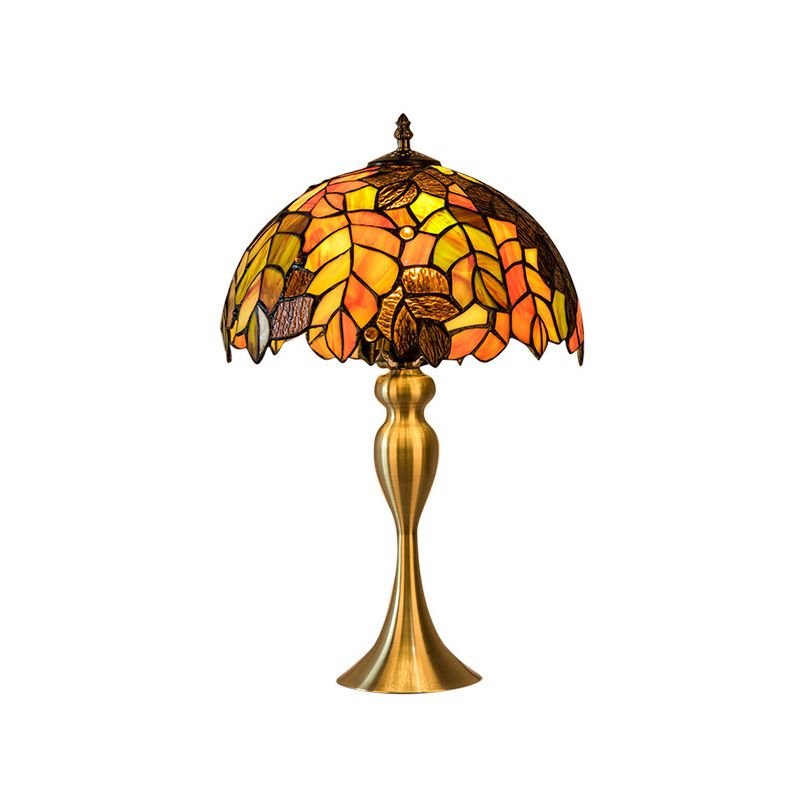 1-Light Leaf Patterned Night Lamp Baroque Gold Finish Hand Cut Glass Table Lighting with Dome Shade