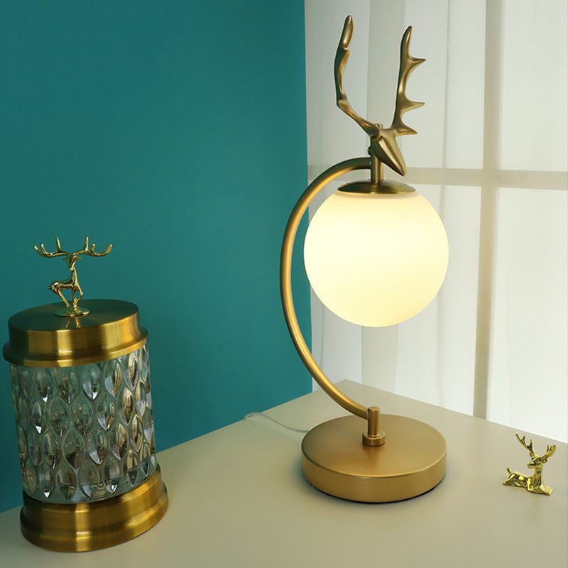 Globe Reading Light Cartoon White Glass 1-Light Black/Gold with Deer Design for Bedroom