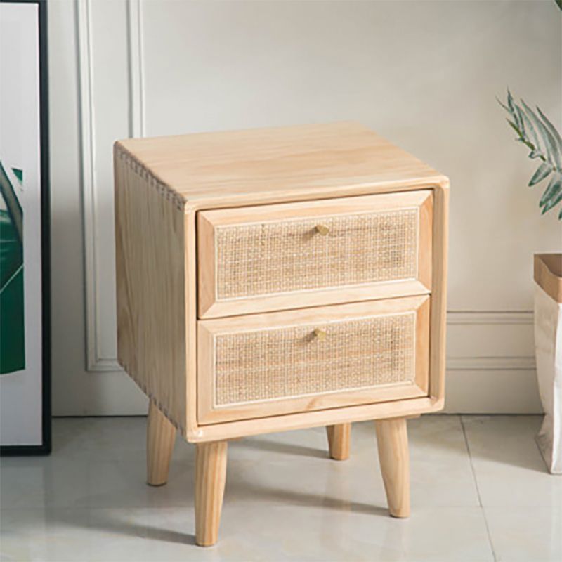 Wicker & Rattan Modern Night Table Solid Wood 2-Drawer Storage Nightstand