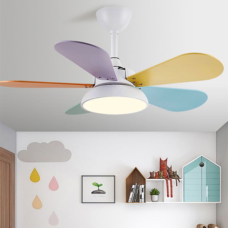 Round Kindergarten Hanging Fan Lighting Metal Macaron Style LED Semi-Flush Mount Ceiling Light