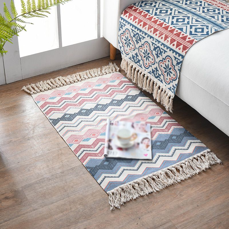 Pink Americana Pattern Carpet Polyester Bohemian Area Rug Fringe Indoor Rug for Living Room