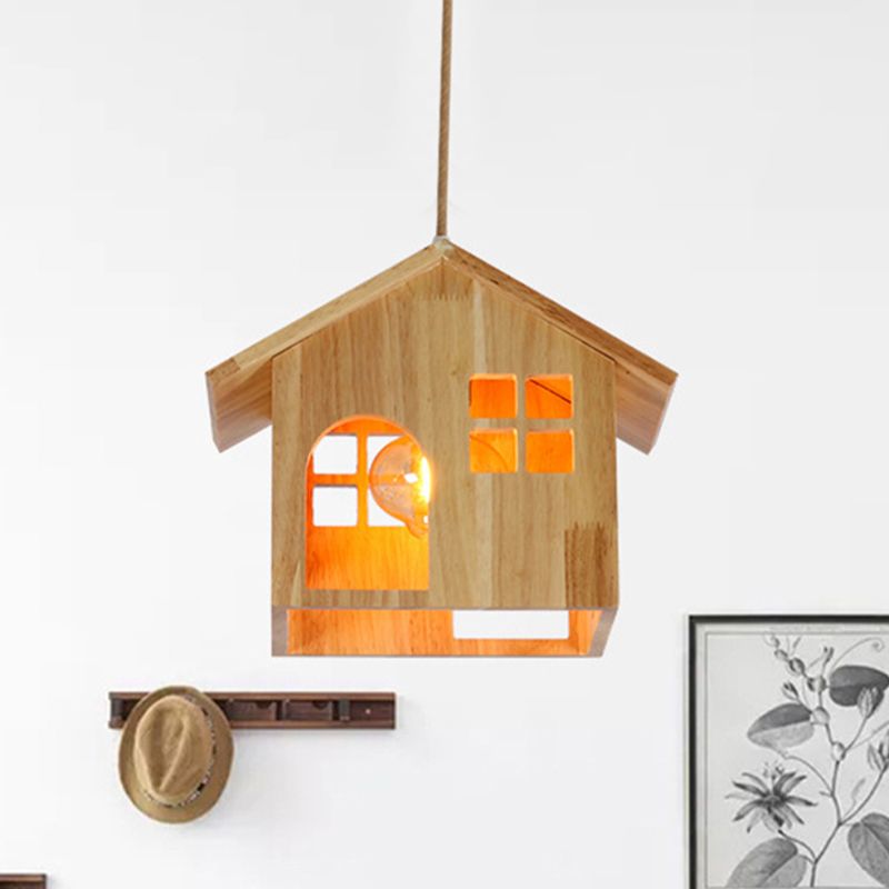 Pendant en forme de maison en bois moderne léger en bois de bois naturel moderne avec cordon réglable pour salle à manger