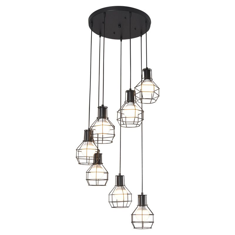 Black Staircase Hanging Light in Modern Classic Style Wrought Iron Cluster Pendant Light with Iron Frame