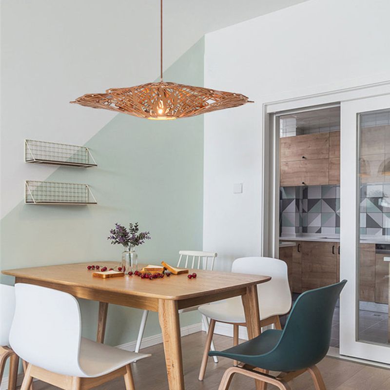 1 Head Dining Room Pendant Light Asia Beige Suspended Lighting Fixture with Laser Cut Wood Shade