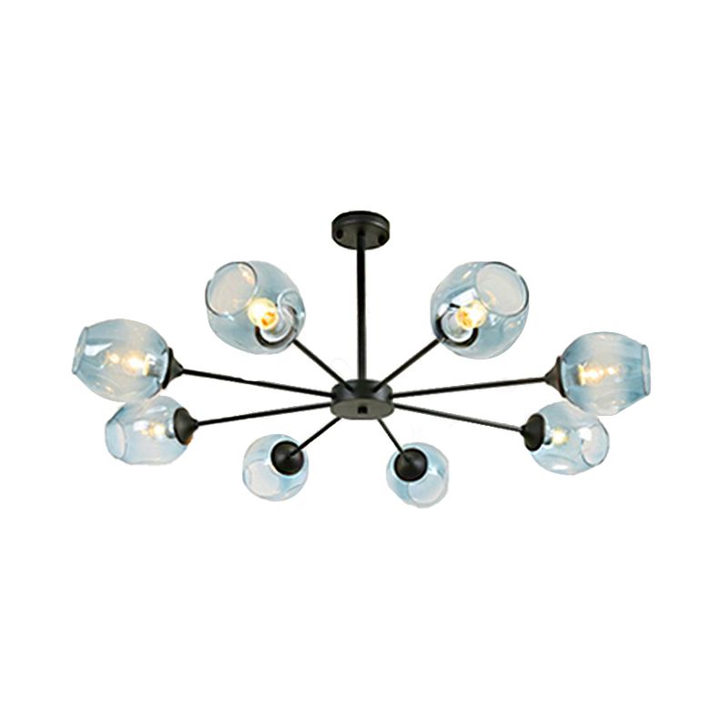 Modernist 3/6/8 Lights Hanging Chandelier Black/Chrome Sputnik Suspension Pendant with Blue/Amber Glass Shade