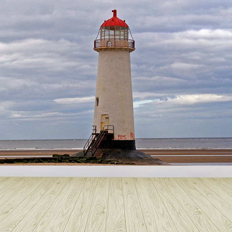 Big Lighthouse View Mural Wallpaper Illuminative Coastal Dining Room Wall Covering