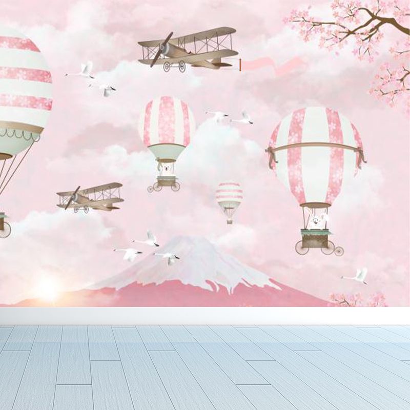 Pink Rabbits Balloon Trip Mural Mount Fuji Cherry Blossom Cartoon Washable Wall Decor