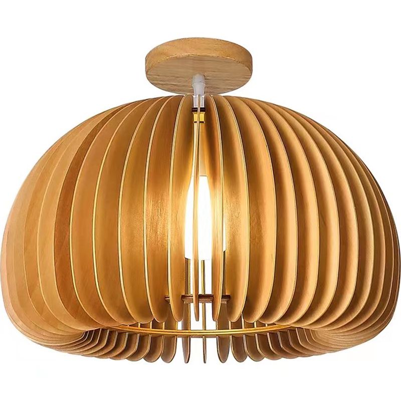 Modern Flush Mount Pumpkin Shape Ceiling Light with Wood Shade for Living Room