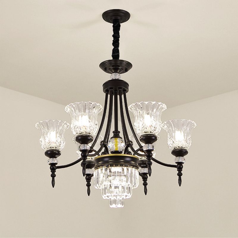 Modernism 6/8 Bulbs Chandelier Light Black Flower Suspension Lamp with Beveled Crystal Shade