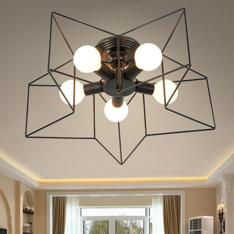 Black Star Semi Flush Mount in Industrial Retro Style Wrought Iron 5-Light Ceiling Light