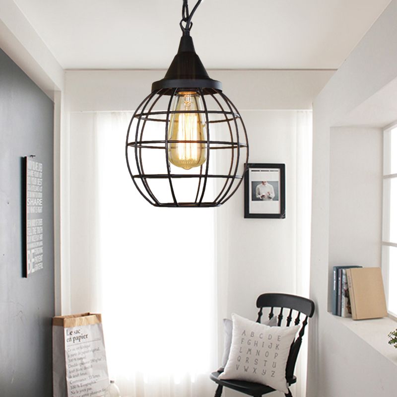 Metal Cage Pendant Light Farmhouse Style 6"/7" Wide 1 Head Balcony Ceiling Fixture with Globe Shade in Black