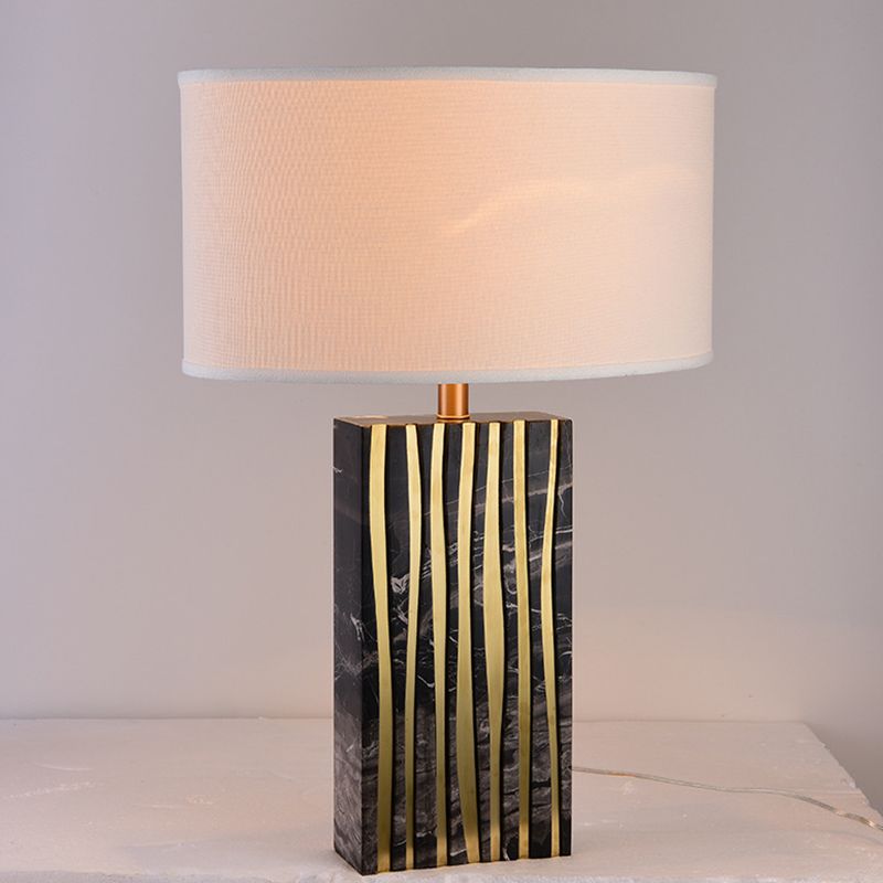 Black Drum Night Table Lamp Modern 1-Light Fabric Nightstand Lighting for Bedroom