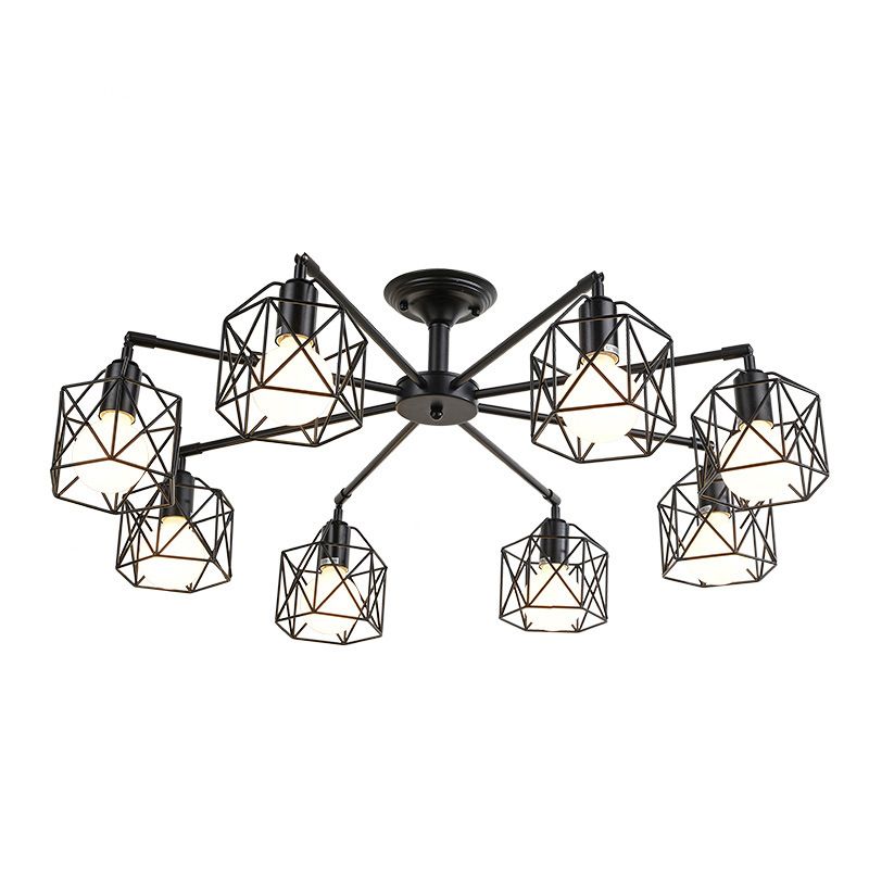 Metal Wire Black Ceiling Light Hexagon Cage Vintage Chandelier Lighting for Living Room