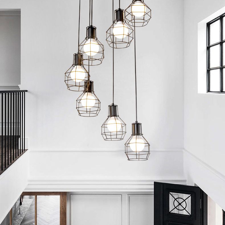 Black Staircase Hanging Light in Modern Classic Style Wrought Iron Cluster Pendant Light with Iron Frame