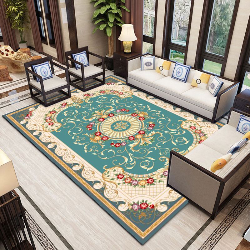 Classical Flower Pattern Rug Polyester Indoor Carpet Non-Slip Backing Area Rug for Living Room