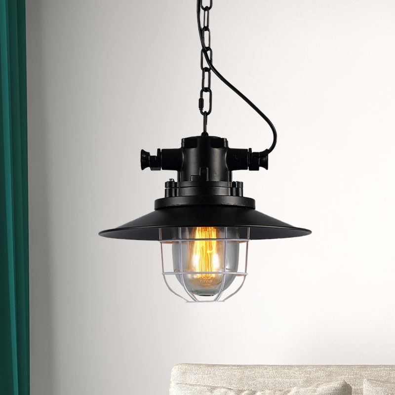 Metal Black Down Lighting Industrial Caged 1-Head Vintage Hanging Ceiling Lamp with Clear Glass Shade