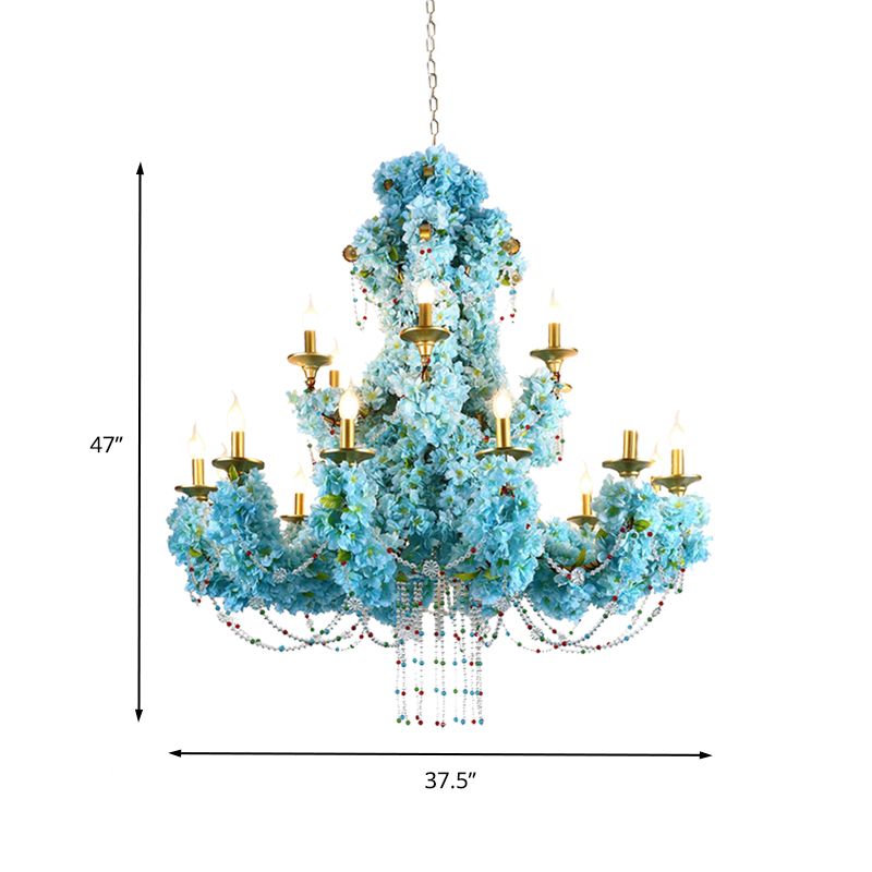 Blue Candelabra LED Chandelier Light Vintage Metal 12 Lights Restaurant Flower Drop Lamp with Crystal Accent