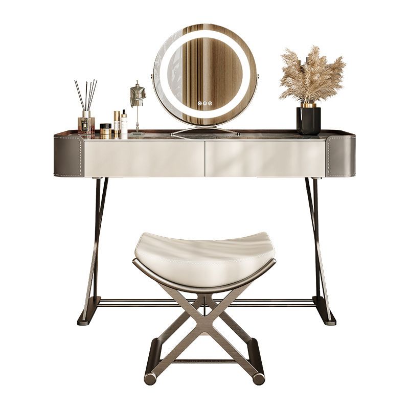 Stone and Metal with Faux Leather Accent Vanity Table, 29.5"